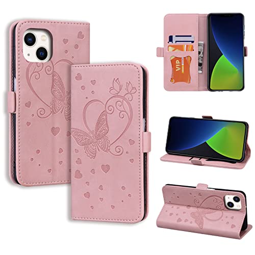 CASAFUNY Handyhülle für iPhone 14 Hülle, PU Leder Tasche Cover mit Kartenfach Flip Case Magnetisch Klapphülle Schutzhülle für iPhone 14 6,1 Zoll 2022, Rosa von CASAFUNY