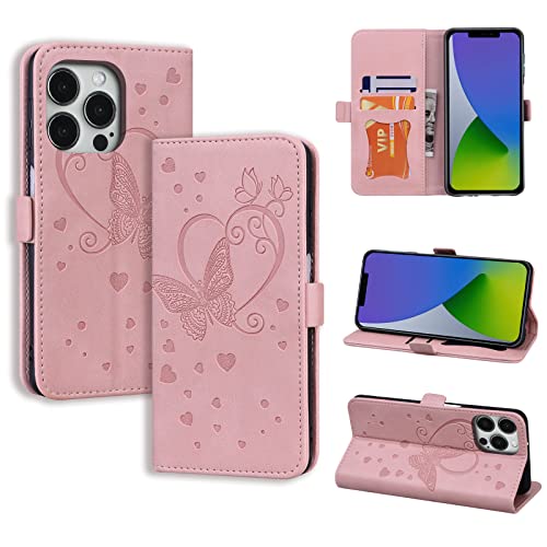 CASAFUNY Handyhülle für iPhone 14 Pro Hülle, PU Leder Tasche Cover mit Kartenfach Flip Case Magnetisch Klapphülle Schutzhülle für iPhone 14 Pro 6,1 Zoll 2022, Rosa von CASAFUNY