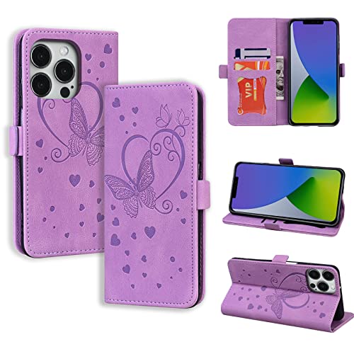 CASAFUNY Handyhülle für iPhone 14 Pro Hülle, PU Leder Tasche Cover mit Kartenfach Flip Case Magnetisch Klapphülle Schutzhülle für iPhone 14 Pro 6,1 Zoll 2022, Violett von CASAFUNY