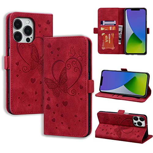 CASAFUNY Handyhülle für iPhone 14 Pro Hülle, PU Leder Tasche Cover mit Kartenfach Flip Case Magnetisch Klapphülle Schutzhülle für iPhone 14 Pro 6,1 Zoll 2022, rot von CASAFUNY