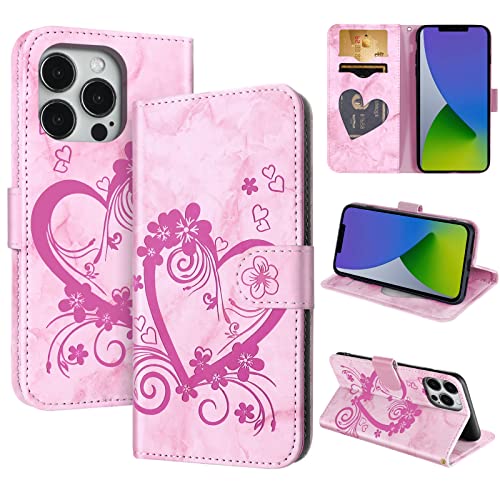 CASAFUNY Handyhülle für iPhone 14 Pro Hülle Tasche PU Leder Flip Case Brieftasche Kartenfach Klapphülle Handytasche Case Schutzhülle für iPhone 14 Pro 6,1 Zoll 2022, Rosa von CASAFUNY