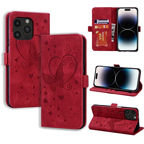 CASAFUNY Handyhülle für iPhone 14 Pro Max Hülle, PU Leder Tasche Cover mit Kartenfach Flip Case Magnetisch Klapphülle Schutzhülle für iPhone 14 Pro Max, rot von CASAFUNY