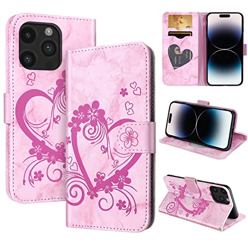 CASAFUNY Handyhülle für iPhone 14 Pro Max Hülle Tasche PU Leder Flip Case Brieftasche Kartenfach Klapphülle Handytasche Case Schutzhülle für iPhone 14 Pro Max, Rosa von CASAFUNY