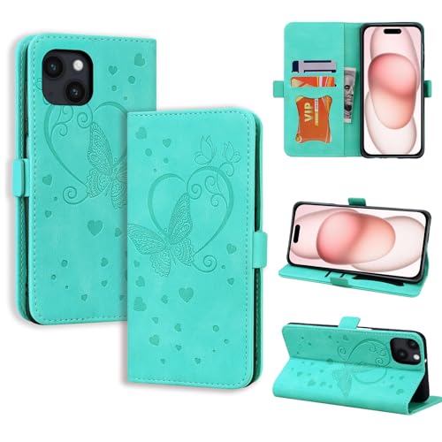 CASAFUNY Handyhülle für iPhone 15 Hülle, PU Leder Tasche Cover mit Kartenfach Flip Case Magnetisch Klapphülle Schutzhülle für iPhone 15, Grün von CASAFUNY