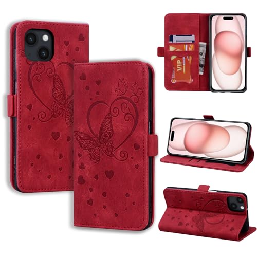 CASAFUNY Handyhülle für iPhone 15 Hülle, PU Leder Tasche Cover mit Kartenfach Flip Case Magnetisch Klapphülle Schutzhülle für iPhone 15, rot von CASAFUNY