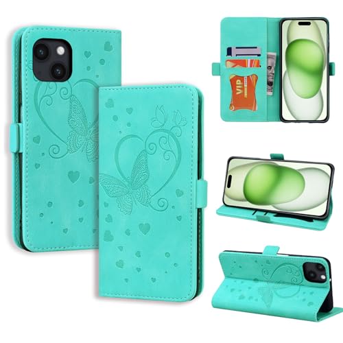 CASAFUNY Handyhülle für iPhone 15 Plus Hülle, PU Leder Tasche Cover mit Kartenfach Flip Case Magnetisch Klapphülle Schutzhülle für iPhone 15 Plus, Grün von CASAFUNY