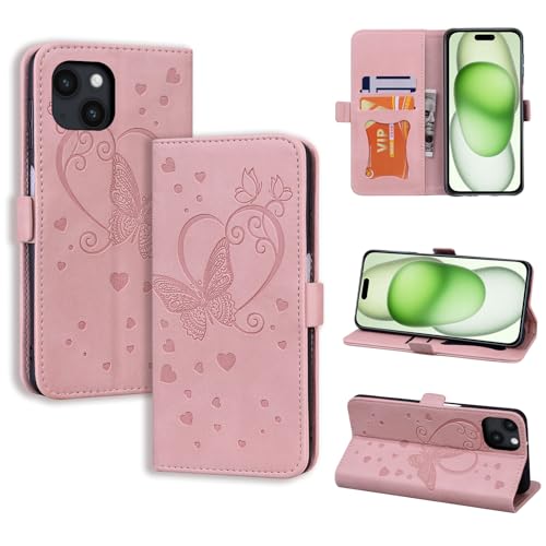 CASAFUNY Handyhülle für iPhone 15 Plus Hülle, PU Leder Tasche Cover mit Kartenfach Flip Case Magnetisch Klapphülle Schutzhülle für iPhone 15 Plus, Rosa von CASAFUNY