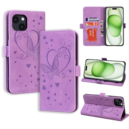 CASAFUNY Handyhülle für iPhone 15 Plus Hülle, PU Leder Tasche Cover mit Kartenfach Flip Case Magnetisch Klapphülle Schutzhülle für iPhone 15 Plus, Violett von CASAFUNY