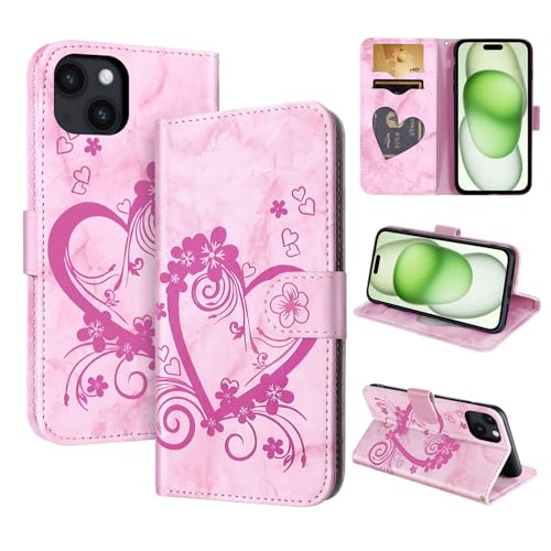 CASAFUNY Handyhülle für iPhone 15 Plus Hülle Tasche PU Leder Flip Case Brieftasche Kartenfach Klapphülle Handytasche Case Schutzhülle für iPhone 15 Plus, Rosa von CASAFUNY