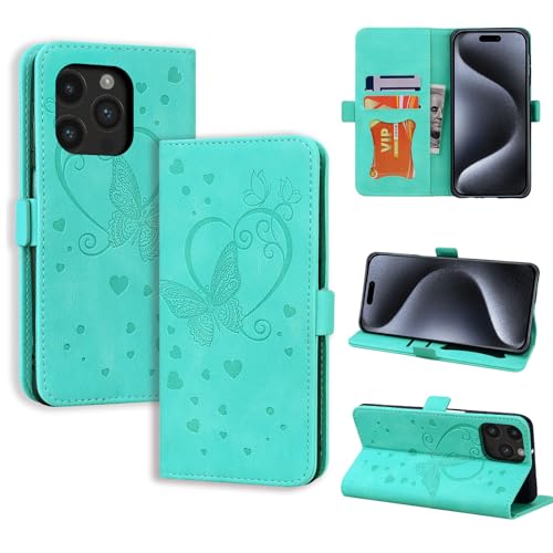 CASAFUNY Handyhülle für iPhone 15 Pro Hülle, PU Leder Tasche Cover mit Kartenfach Flip Case Magnetisch Klapphülle Schutzhülle für iPhone 15 Pro, Grün von CASAFUNY