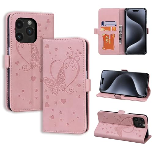 CASAFUNY Handyhülle für iPhone 15 Pro Hülle, PU Leder Tasche Cover mit Kartenfach Flip Case Magnetisch Klapphülle Schutzhülle für iPhone 15 Pro, Rosa von CASAFUNY