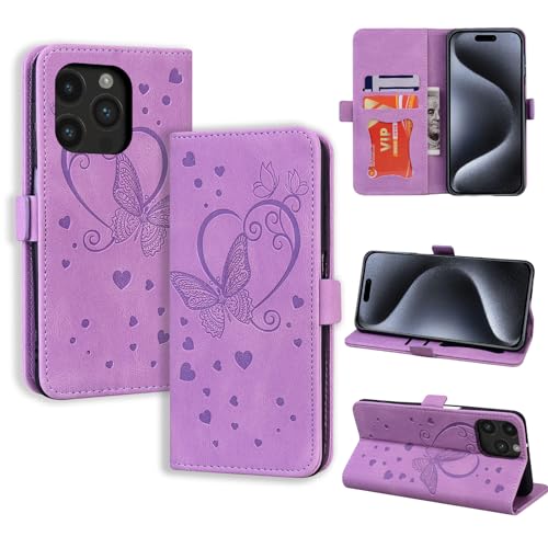 CASAFUNY Handyhülle für iPhone 15 Pro Hülle, PU Leder Tasche Cover mit Kartenfach Flip Case Magnetisch Klapphülle Schutzhülle für iPhone 15 Pro, Violett von CASAFUNY