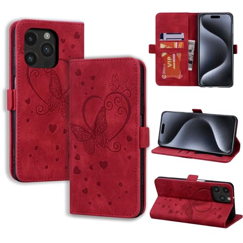CASAFUNY Handyhülle für iPhone 15 Pro Hülle, PU Leder Tasche Cover mit Kartenfach Flip Case Magnetisch Klapphülle Schutzhülle für iPhone 15 Pro, rot von CASAFUNY