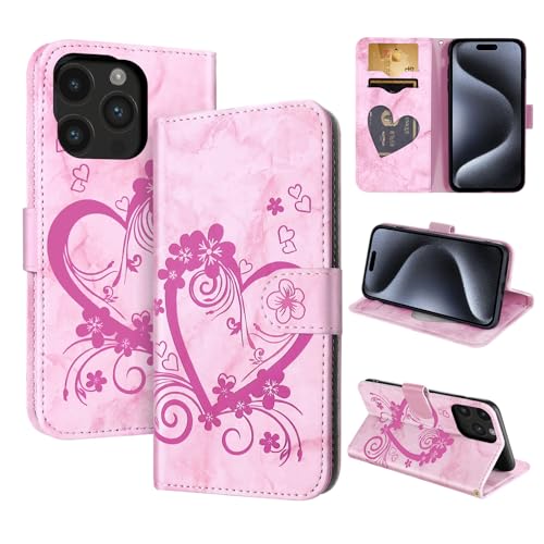 CASAFUNY Handyhülle für iPhone 15 Pro Hülle Tasche PU Leder Flip Case Brieftasche Kartenfach Klapphülle Handytasche Case Schutzhülle für iPhone 15 Pro, Rosa von CASAFUNY