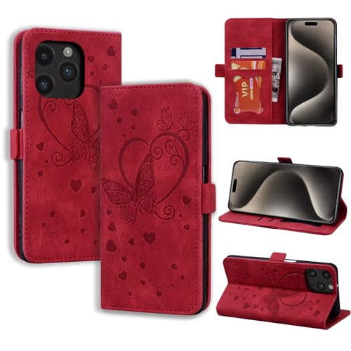 CASAFUNY Handyhülle für iPhone 15 Pro Max Hülle, PU Leder Tasche Cover mit Kartenfach Flip Case Magnetisch Klapphülle Schutzhülle für iPhone 15 Pro Max, rot von CASAFUNY