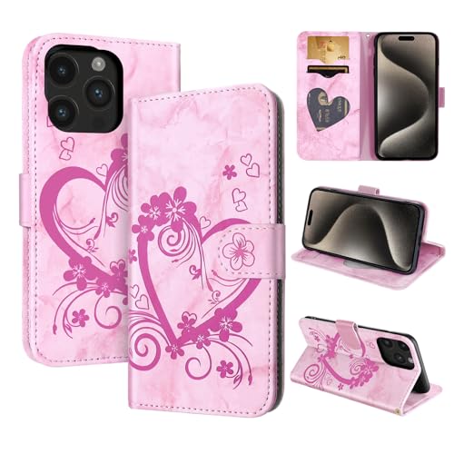 CASAFUNY Handyhülle für iPhone 15 Pro Max Hülle Tasche PU Leder Flip Case Brieftasche Kartenfach Klapphülle Handytasche Case Schutzhülle für iPhone 15 Pro Max, Rosa von CASAFUNY