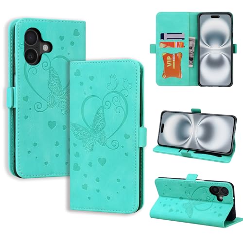 CASAFUNY Handyhülle für iPhone 16 Plus Hülle, PU Leder Tasche Cover mit Kartenfach Flip Case Magnetisch Klapphülle Schutzhülle für iPhone 16 Plus, Grün von CASAFUNY