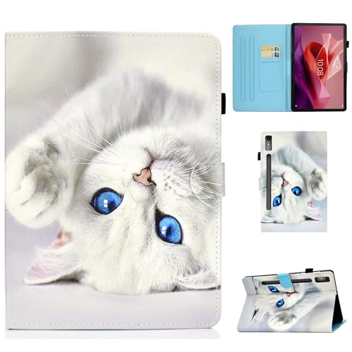 CASAFUNY Hülle für Lenovo Tab P12 12.7 Zoll 2023 mit Stifthalter, PU Leder Tablette Schützhülle Stand Folio Cover mit Auto Schlafen/Wachen Tablet Case für Lenovo Tab P12 2023, Weiße Katze von CASAFUNY