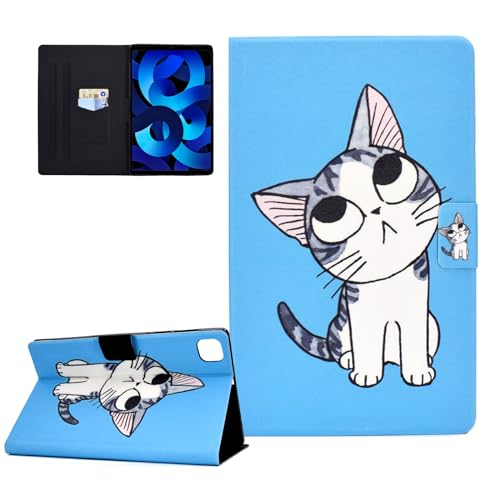 CASAFUNY Hülle für iPad Air 11 Zoll M2 2024 iPad Air 6/ iPad Air 5. Generation 2022/ iPad Air 4. Generation 2020 10.9 Zoll PU Leder Tablette Schützhülle Multi-Winkel Ständer Cover Case, Blaue Katze von CASAFUNY