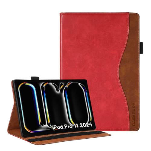CASAFUNY Hülle für iPad Pro 11 Hülle 2024 (M4 5. Generation), Premium PU Leder Business Multi-Winkel Folio Schutzhülle Dokumentschlitze Tablet case für iPad Pro 11 Zoll M4 2024, Rot von CASAFUNY