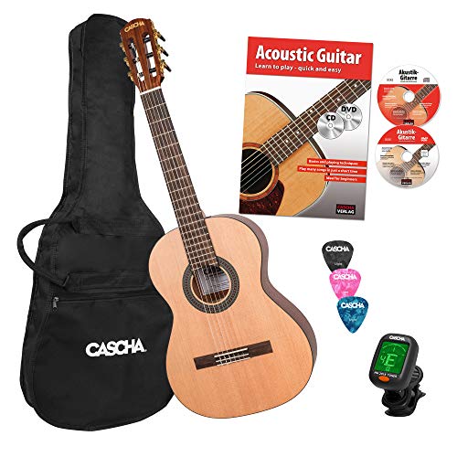 CASCHA 3/4 Konzertgitarre Einsteigerset inkl. Lehrbuch, Stimmgerät, Gigbag/Tasche, 3 Plektren, klassische Kindergitarre für Anfänger ab 8 Jahren, Nylonsaiten von CASCHA