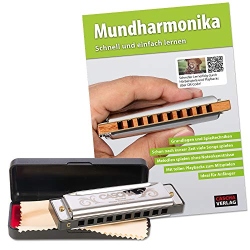 CASCHA Mundharmonika Anfänger Set mit Schule, Blues Harmonica spielen lernen, inklusive Case, Pflegetuch und Lehrbuch, C Dur Harmonika von CASCHA