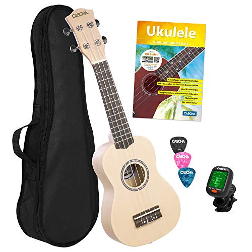 CASCHA Sopran Ukulele Set Deutsch für Kinder und Erwachsene I Starter Kit mit 3 Plektren Tasche Lehrbuch Lernvideos über QR-Code Stimmgerät I Aquila Saiten Nylon I Kleine Hawaii Gitarre I Cream von CASCHA
