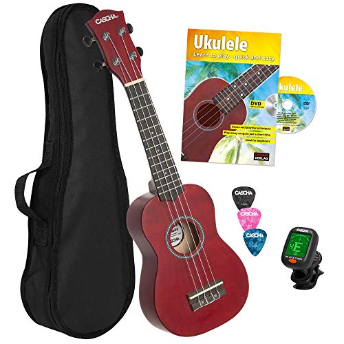 CASCHA Sopran Ukulele Set Englisch für Kinder und Erwachsene I Starter Kit mit 3 Plektren Tasche Lehrbuch Lernvideos über QR-Code Stimmgerät I Aquila Saiten Nylon I Kleine Hawaii Gitarre I Rot von CASCHA