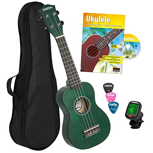 CASCHA Sopran Ukulele Set Englisch für Kinder und Erwachsene I Ukulele Starter Kit mit 3 Plektren Tasche Lehrbuch mit DVD Stimmgerät I Ukulele Set Aquila Saiten Nylon I Kleine Hawaii Gitarre I Grün von CASCHA