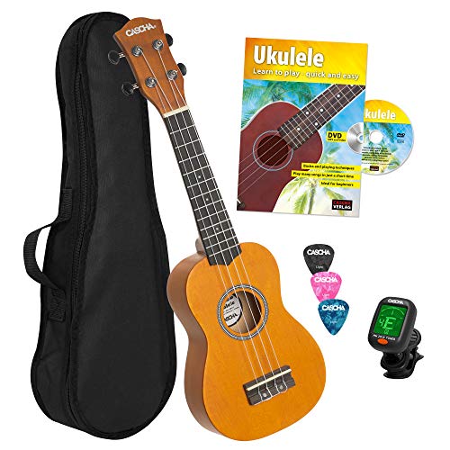 CASCHA Sopran Ukulele Set Englisch für Kinder und Erwachsene I Ukulele Starter Kit mit 3 Plektren Tasche Lehrbuch mit DVD Stimmgerät I Ukulele Set Aquila Saiten Nylon I Kleine Hawaii Gitarre I Gelb von CASCHA