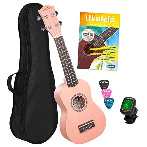 CASCHA Sopran Ukulele Set Französisch für Kinder und Erwachsene I Starter Kit mit 3 Plektren Tasche Lehrbuch Lernvideos über QR-Code I Stimmgerät I Aquila Saiten I Kleine Hawaii Gitarre I Pink/Rosa von CASCHA