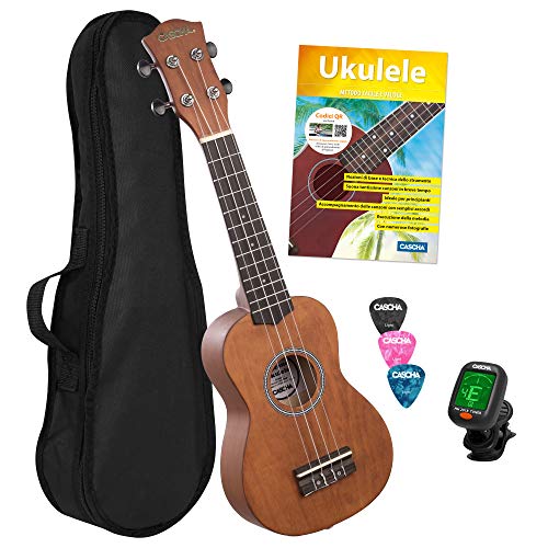 CASCHA Sopran Ukulele Set Italienisch für Kinder & Erwachsene I Starter Kit mit 3 Plektren Tasche Lehrbuch Lernvideos über QR-Code I Stimmgerät I Aquila Saiten I Kleine Hawaii Gitarre I Cappuccino, 0 von CASCHA