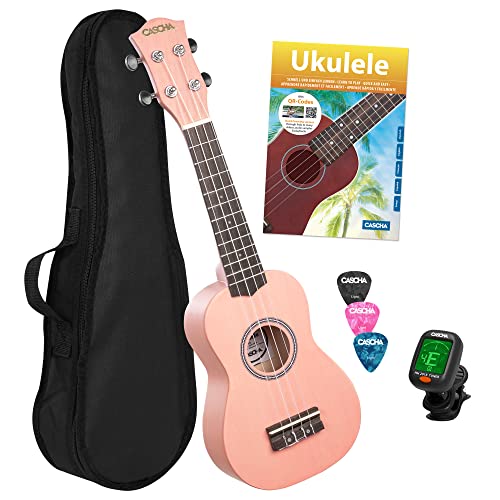 CASCHA Sopran Ukulele Set für Kinder und Erwachsene I Starter Kit mit 3 Plektren Tasche Lehrbuch Lernvideos über QR-Code Stimmgerät I Aquila Saiten Nylon I Kleine Hawaii Gitarre I Pink von CASCHA