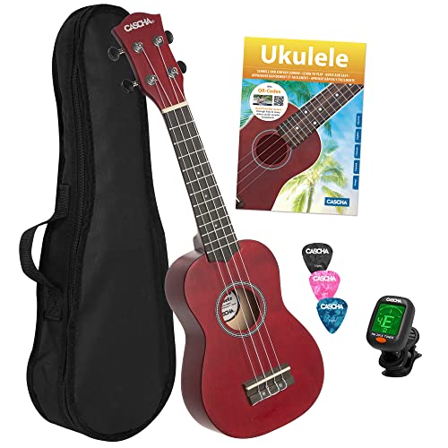 CASCHA Sopran Ukulele Set für Kinder und Erwachsene I Starter Kit mit 3 Plektren Tasche Lehrbuch Lernvideos über QR-Code Stimmgerät I Aquila Saiten Nylon I Kleine Hawaii Gitarre I Rot von CASCHA