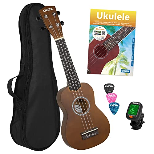 CASCHA Sopran Ukulele Set für Kinder und Erwachsene I Starter Kit mit 3 Plektren Tasche Lehrbuch Lernvideos über QR-Code Stimmgerät I Set Aquila Saiten Nylon I Kleine Hawaii Gitarre Braun von CASCHA