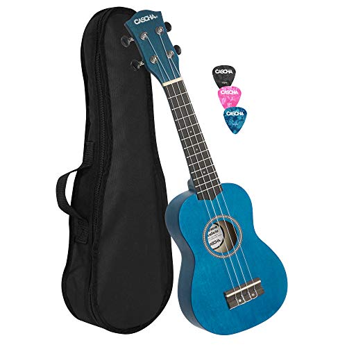 CASCHA Sopran Ukulele Set für Kinder und Erwachsene I Ukulele Starter Kit mit 3 Plektren Tasche I Ukulele Set Aquila Saiten Nylon I Kleine Hawaii Gitarre für Anfänger Fortgeschrittene I Blau von CASCHA