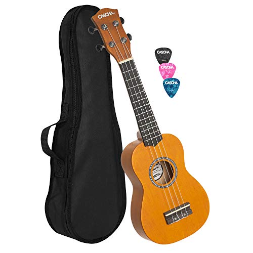 CASCHA Sopran Ukulele Set für Kinder und Erwachsene I Ukulele Starter Kit mit 3 Plektren Tasche I Ukulele Set Aquila Saiten Nylon I Kleine Hawaii Gitarre für Anfänger Fortgeschrittene I Gelb HH 3964 von CASCHA