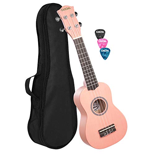 CASCHA Sopran Ukulele Set für Kinder und Erwachsene I Ukulele Starter Kit mit 3 Plektren Tasche I Ukulele Set Aquila Saiten Nylon I Kleine Hawaii Gitarre für Anfänger Fortgeschrittene I Pink HH 3968 von CASCHA