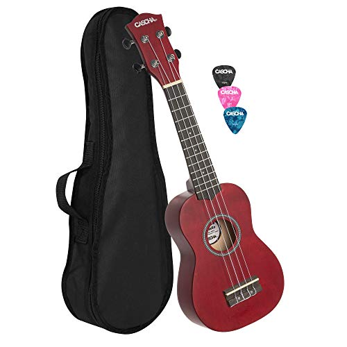 CASCHA Sopran Ukulele Set für Kinder und Erwachsene I Ukulele Starter Kit mit 3 Plektren Tasche I Ukulele Set Aquila Saiten Nylon I Kleine Hawaii Gitarre für Anfänger Fortgeschrittene I Rot HH 3961 von CASCHA