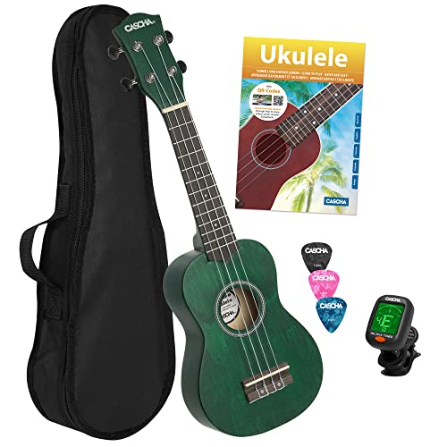 CASCHA Sopran Ukulele Set für Kinder und Erwachsene I Ukulele Starter Kit mit 3 Plektren Tasche Lehrbuch Lernvideos über QR-Code Stimmgerät I Set Aquila Saiten Nylon I Kleine Hawaii Gitarre I Grün, 0 von CASCHA