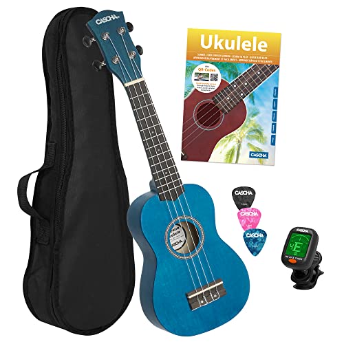 CASCHA Sopran Ukulele Set für Kinder und Erwachsene I Ukulele Starter Kit mit 3 Plektren Tasche Lehrbuch Lernvideos über QR-Code Stimmgerät I Set Aquila Saiten Nylon I Kleine Hawaii Gitarre I Blau von CASCHA