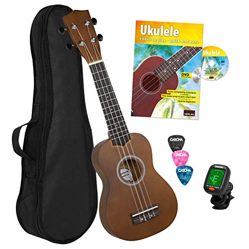 CASCHA Sopran Ukulele Set für Kinder und Erwachsene I Ukulele Starter Kit mit 3 Plektren Tasche englisches Lehrbuch DVD Stimmgerät I Ukulele Set Aquila Saiten Nylon I Kleine Hawaii Gitarre I Braun von CASCHA