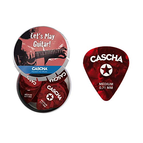 Cascha Gitarren-Plektrum Medium 24 Stück I hochwertiges Plektren-Set aus robustem & griffigem Celluloid - inkl. praktischer Plektrum-Aufbewahrungs-Box I 0,71 mm Medium Plektron rot 24 Stück von CASCHA