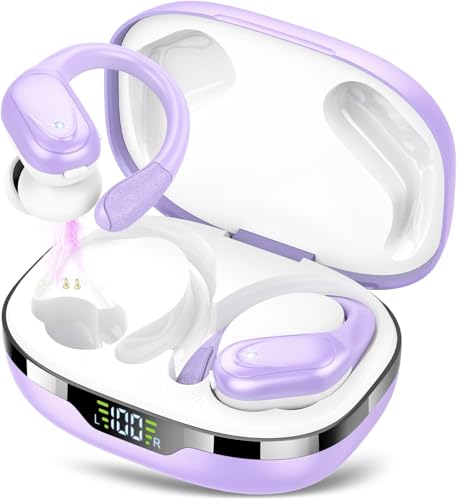 Bluetooth Kopfhörer Sport, Kopfhörer Kabellos Bluetooth 5.3, 60 Std Kabellose Kopfhörer mit Tiefer Bass, In Ear Kopfhörer mit 4 ENC Klarer Mic, IPX7 Wasserdichte Ohrhörer mit Ohrhaken Hellviolett von CASCHO