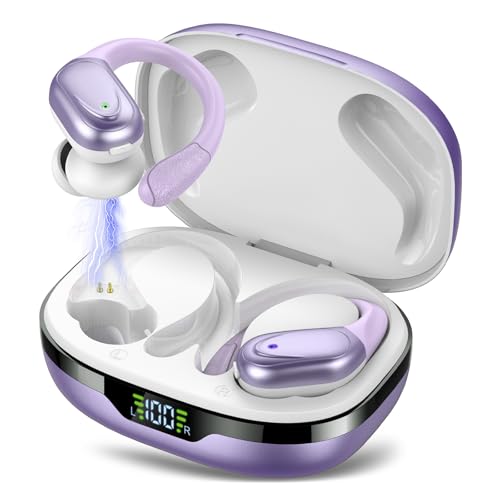 Bluetooth Kopfhörer Sport, Kopfhörer Kabellos Bluetooth 5.3, 60 Std Kabellose Kopfhörer mit Tiefer Bass, In Ear Kopfhörer mit 4 ENC Klarer Mic, IPX7 Wasserdichte Ohrhörer mit Ohrhaken Perle Lila von CASCHO