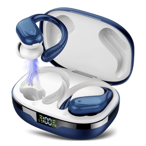 Bluetooth Kopfhörer Sport, Kopfhörer Kabellos Bluetooth 5.3, 60 Std Kabellose Kopfhörer mit Tiefer Bass, In Ear Kopfhörer mit 4 ENC Klarer Mic, IPX7 Wasserdichte Ohrhörer mit Ohrhaken Tief Blau von CASCHO