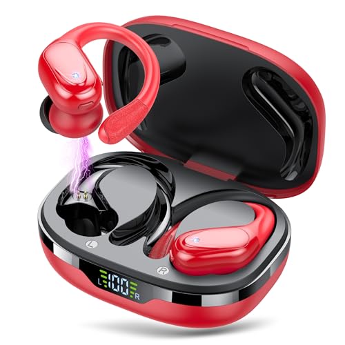 CASCHO Bluetooth Kopfhörer Sport, Kopfhörer Kabellos Bluetooth 5.3, 60 Std Kabellose Kopfhörer mit Tiefer Bass, In Ear Kopfhörer mit 4 ENC Klarer Mic, IPX7 wasserdichte Ohrhörer mit Ohrhaken Rot von CASCHO