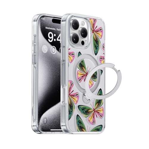 CASEKOO 360° MagicStand für iPhone 15 Pro Hülle mit MagSafe [Unsichtbarer Ständer] [MIL-STD-810H Militärstandard] Stoßfeste Schutzhülle Transparent Handyhülle iPhone 15 Pro Case - Schmetterling von CASEKOO
