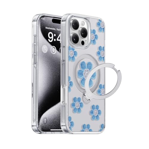 CASEKOO 360° MagicStand für iPhone 16 Pro Max Hülle mit MagSafe [Unsichtbarer Ständer] [MIL-STD-810H Militärstandard] Stoßfeste Schutzhülle Transparent Handyhülle iPhone 16 Pro Max Case - Blaue Blume von CASEKOO