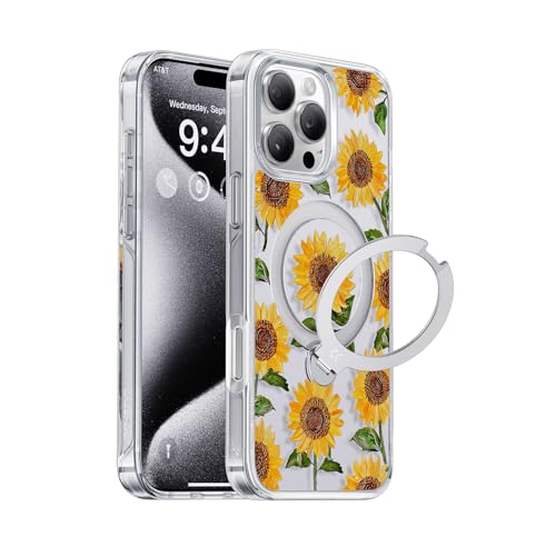 CASEKOO 360° MagicStand für iPhone 16 Pro Max Hülle mit MagSafe [Unsichtbarer Ständer] [MIL-STD-810H Militärstandard] Stoßfeste Schutzhülle Transparent Handyhülle iPhone 16 Pro Max Case - Sonnenblume von CASEKOO